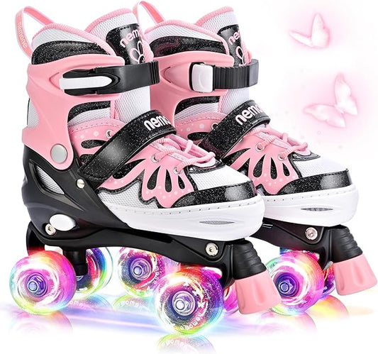 NEMONE Mermaid 4 Size Adjustable Light up Roller Skates for Girls, Purple Blue Skates for Toddlers, Beginner Kids Butterfly Roller Skates Indoor Outdoor