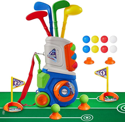 PJG Toddler Golf Set with Mat, Plastic Kids Golf Clubs 3-5 with 4 Golf Clubs and 10 Balls, Indoor and Outdoor Golf Toys with Cart for Toddlers Boys and Girls Aged 1 2 3 4 5 Years Old Birthday (Blue)