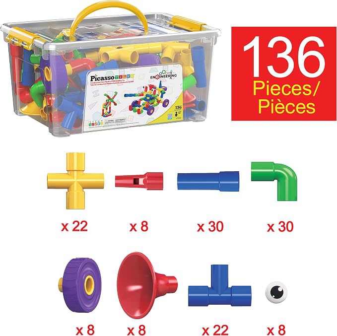 PicassoTiles PTT136 136pcs Tubular Pipes & Spout STEAM Interlocking Educational Building Block Set, Tube Locks, Pipeworks Construction Blocks w/Storage Container Box, Idea Book, Flute Musical Kit - Image 3