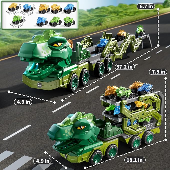 Toddler Car Truck Toys for Kids Ages 3-5, 10-in-1 Dinosaur Carrier Truck with Foldable Track Toys with Spray, Light & Sounds and 9 Dino Cars, Birthday Gift for 3 4 5 6 7 8 Years Old Boys Girls