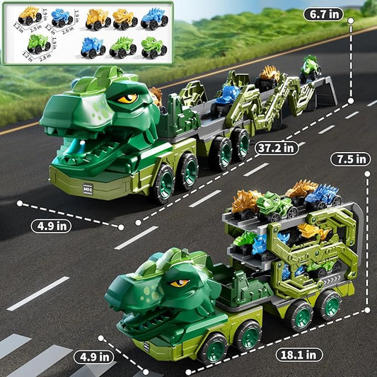 Toddler Car Truck Toys for Kids Ages 3-5, 10-in-1 Dinosaur Carrier Truck with Foldable Track Toys with Spray, Light & Sounds and 9 Dino Cars, Birthday Gift for 3 4 5 6 7 8 Years Old Boys Girls