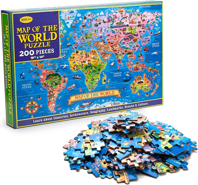 200 Pieces World Map Puzzle for Kids & Adults, World Map Jigsaw Puzzle Floor Puzzles Toddler Geography Educational Toys for Boys and Girls, Globe Atlas Puzzle Maps for Kids Learning Games by MOTYAWN