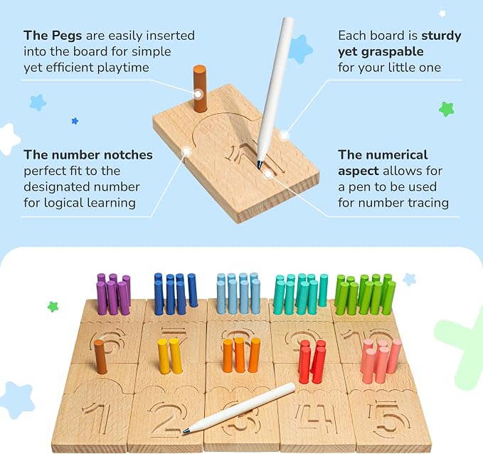 Bimi Boo Peg Board for Toddlers - Wooden Counting Peg Board and Number Tracing Set, Montessori Math Toy for Preschoolers and Kindergarten (55 Pegs, 10 Boards, 1 Pencil) - Image 6