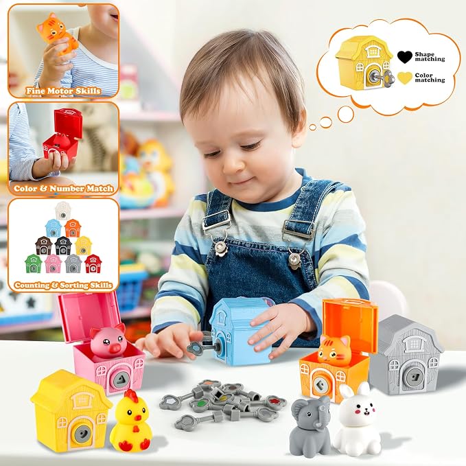 Grarain Toddler Farm Animals Toys, Upgraded Keys Barn Match Game, Montessori Educational Color Shape Sorting & Counting Learning Toy for Kids Boys Girls 3-6 Year Old, Fine Motor Gifts - Image 2