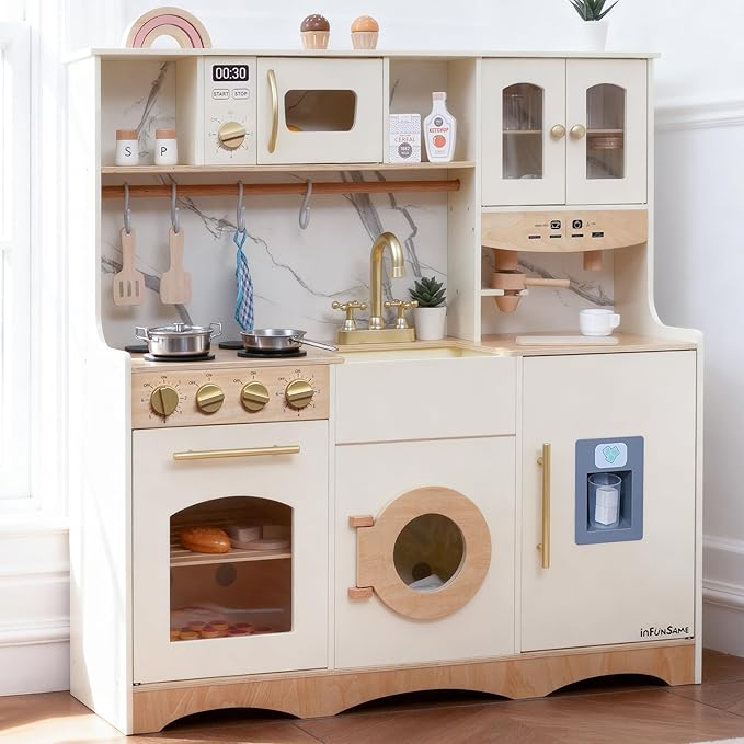 Play Kitchen set for kids and Toddlers with Realistic ICE Maker & Sounds,Wooden Toy Kitchen Set with 20 Accessories, Interactive Learning Toy for Pretend Play, Gift for Girls & Boys(Ages 3+)
