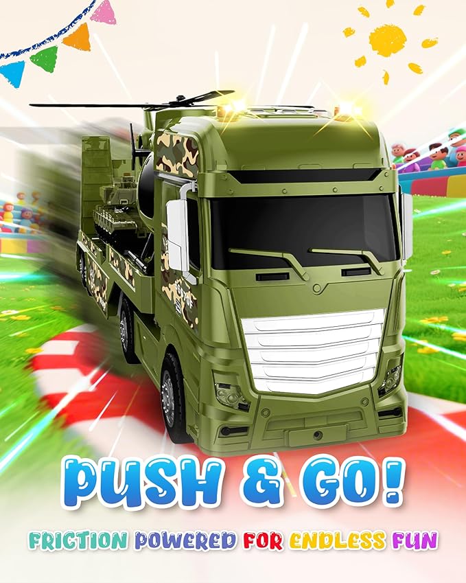 Toddler Boy Toys for 3 4 5 6 7 Years Kids, 25.6" Large Semi Truck Toy with Tank and Helicopter Toy, Army Military Toys with Sounds and Lights, Birthday Chritmas Gifts for Child