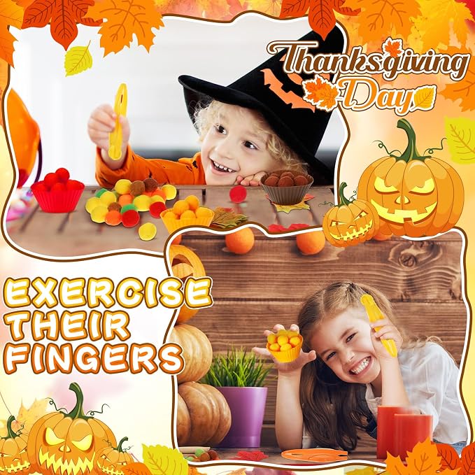 Hotop 312 Pieces Fine Motor Toys Counting Sorting Fall Thanksgiving Decorations 100 Pcs Assorted Pompoms 200 Pcs Artificial Maple Leaves 2 Pcs Tweezers 10 Pcs Cups for Autumn Thanksgiving Decoration - Image 5