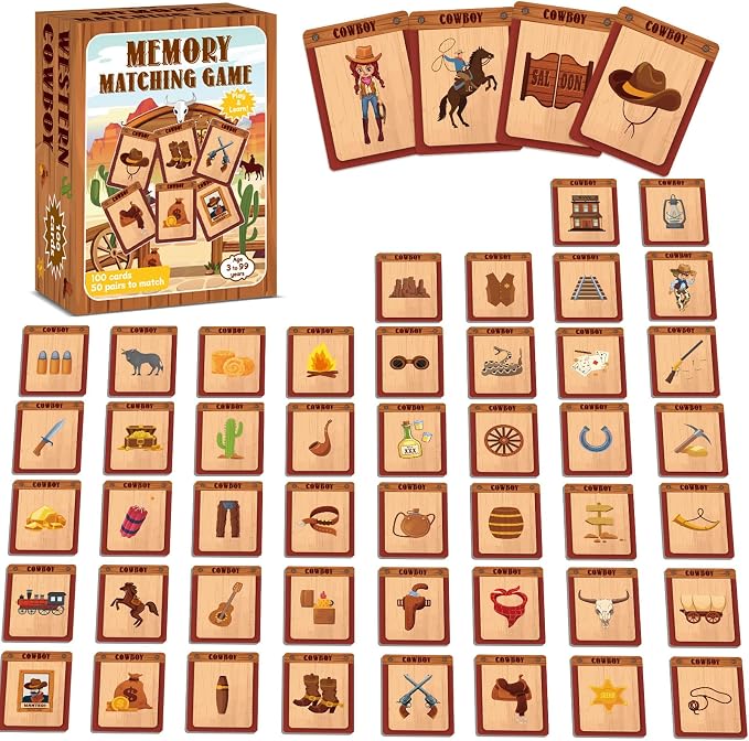 gisgfim 100 PCS Memory Matching Game Cowboy Concentration Memory Card Games for Kids Educational A Fun & Fast Western Party Favor Wild West Theme Matching Games by gisgfim