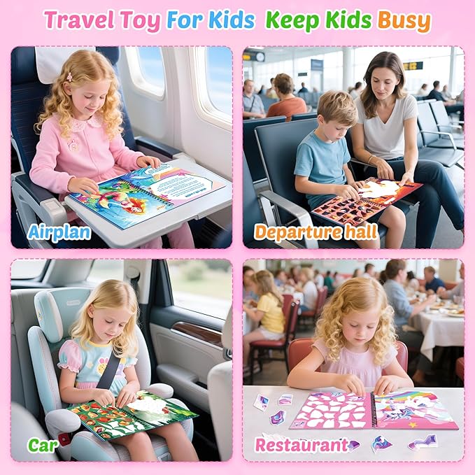 4Pcs Educational Sticker Puzzle Book for Kids, Travel Puzzle Sticker by Number Activity Books with Story - Airplane Car Road Trip for Girls Kids Early Learning, Screen Free, Separation Anxiety Gifts