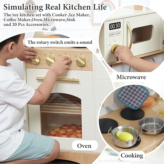 Play Kitchen set for kids and Toddlers with Realistic ICE Maker & Sounds,Wooden Toy Kitchen Set with 20 Accessories, Interactive Learning Toy for Pretend Play, Gift for Girls & Boys(Ages 3+)