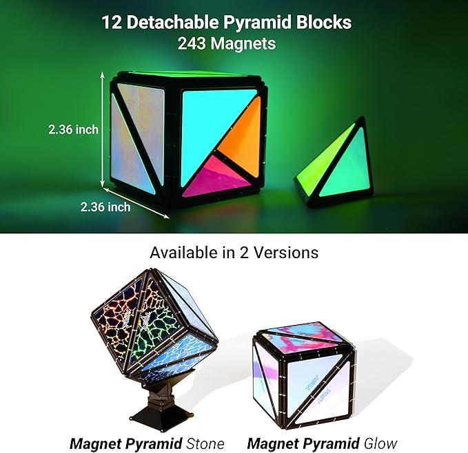 TOSY Magnet Pyramid Glow - 1 Cube Transforms into 1 Billion Shapes, 12 Pieces, 243 Rare Earth Magnets, Glowing, Christmas Stocking Stuffers Gift for Kids, Creative Puzzle STEM/STEAM Toy, 2-Pack