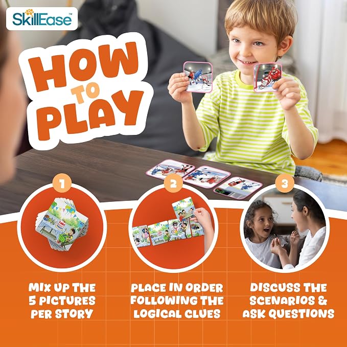 SkillEase Story Cues Skilled Sequencing Cards, Speech Therapy Materials, Social Skills Game, English Language Learners Games, Storytelling Cards, Sentence Building and Picture Cards (Story Cues 2) - Image 6