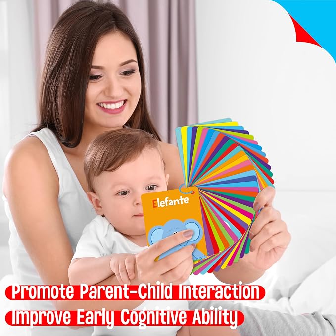 51 PCS Spanish Baby Cognitive Flashcards, Double Sided Printed 7 in 1 Colorful Cards Alphabet, Numbers, Foods, Animals, Shapes, Colors with 2 Reclosable Rings, Learning Tool for Toddlers - Image 7