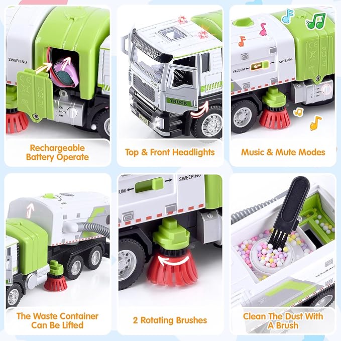 Garbage Truck Toy with Lights and Sounds, Play Vacuum Street Sweeper Trash Truck, Battery Powered Recycling Car Vehicle Toys for Boys Girls Kids Toddler Gift for Christmas Birthday