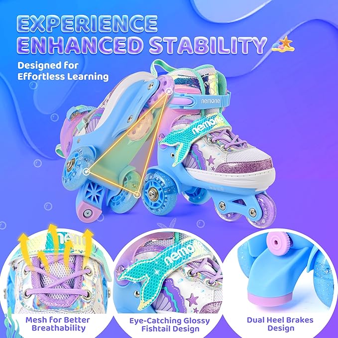 NEMONE Mermaid 4 Size Adjustable Light up Roller Skates for Girls, Purple Blue Skates for Toddlers, Beginner Kids Butterfly Roller Skates Indoor Outdoor