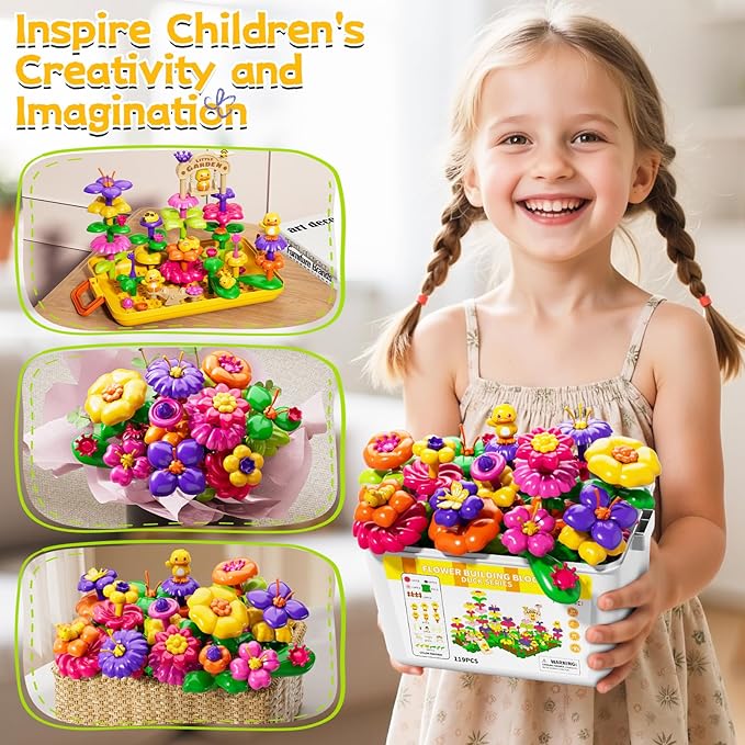 Flower Garden Building Toys for Toddler 3 4 5 6 7 Years Old, 119Pcs DIY Stacking Toys with Storage Box, Kids STEM Preschool Educational Toy, Christmas Birthday Gift for Girls Ages 3-5