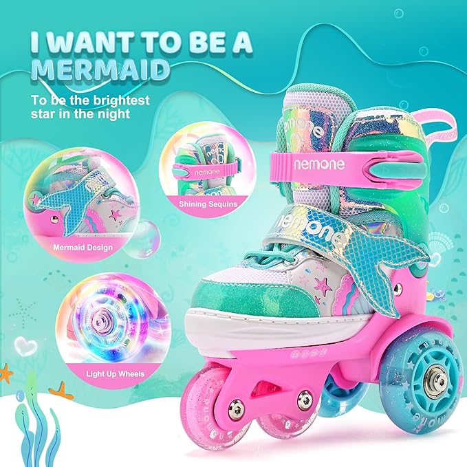 NEMONE Mermaid 4 Size Adjustable Light up Roller Skates for Girls, Purple Blue Skates for Toddlers, Beginner Kids Butterfly Roller Skates Indoor Outdoor