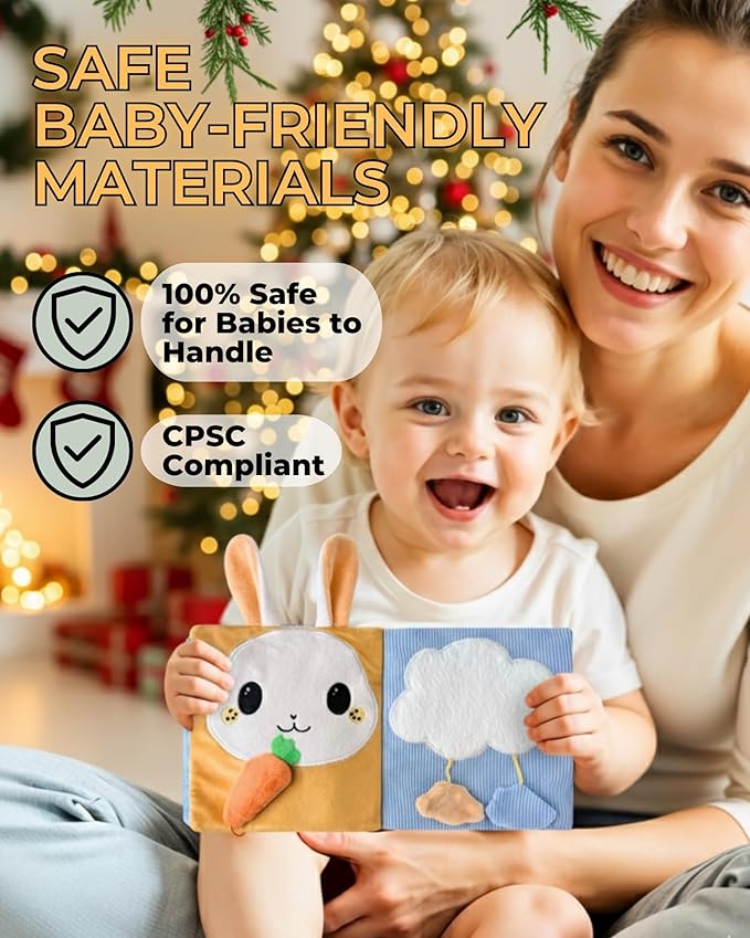 Cute Soft Baby Book with Mirror, Activities, Touch and Feel & Crinkle Pages - Interactive Sensory Cloth Toy for Babies 0-6, 6-12 & 12-18 Months - Adorable Animal Themes for Early Development