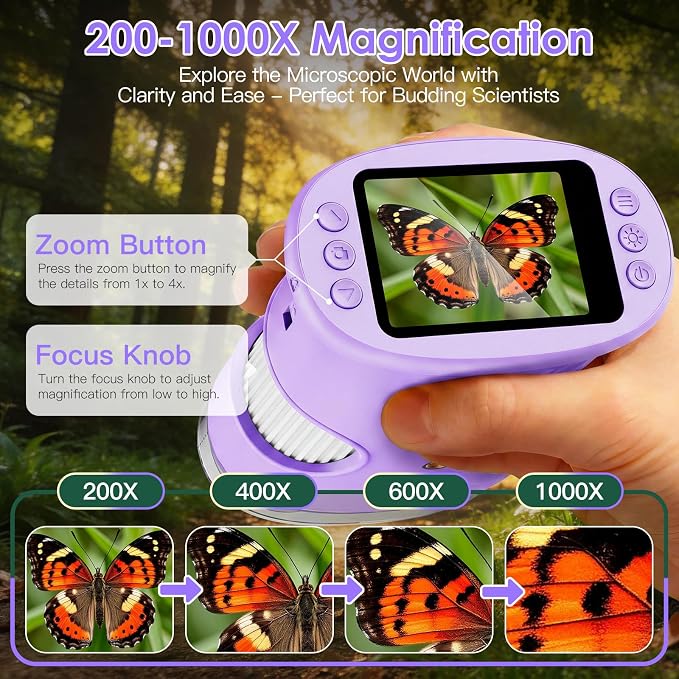 4K 1000X Handheld Digital Microscope for Kids with 2.0" IPS Screen(Purple) - Image 2