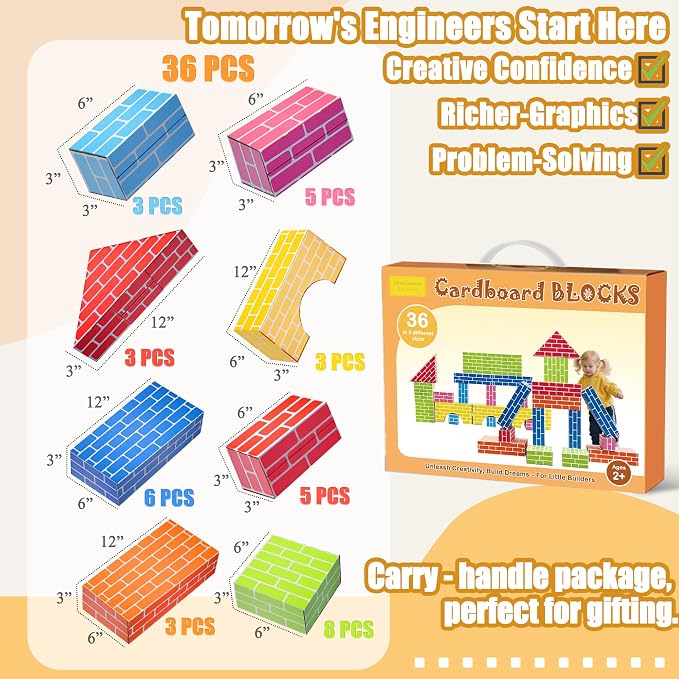 Cardboard Building Blocks for Kids 36pcs: Jumbo Gifts Heavy Duty Develop Creative Thinking Spatial Reasoning Easy to Assemble - Image 3