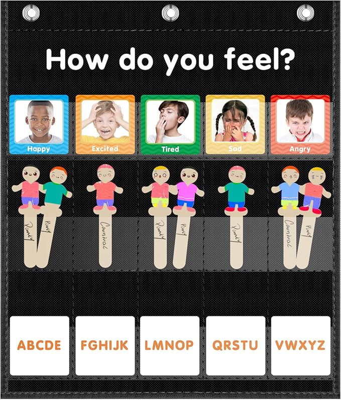 ALSLEA Feelings Pocket Chart for Classroom, Emotions Chart with 36 Cards, Social Emotional Learning & Regulation, Autism Learning Materials, Homeschool Calm Down Corner Supplies (Black) by ALSLEA