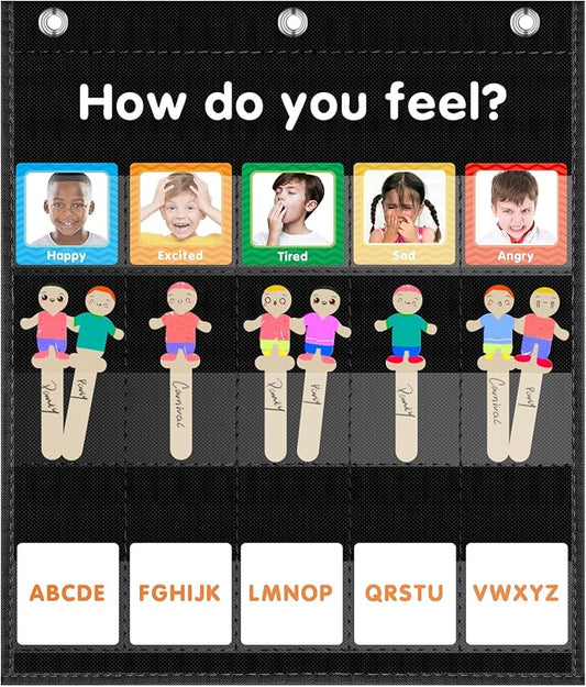 ALSLEA Feelings Pocket Chart for Classroom, Emotions Chart with 36 Cards, Social Emotional Learning & Regulation, Autism Learning Materials, Homeschool Calm Down Corner Supplies (Black) by ALSLEA