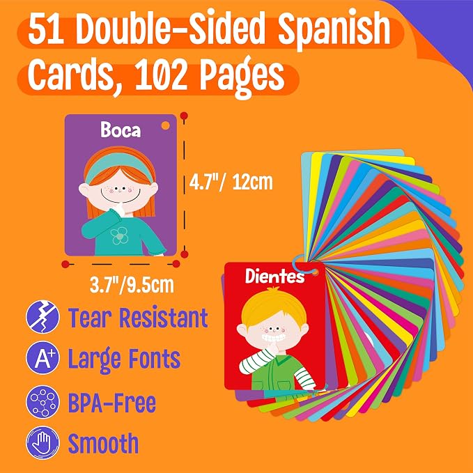 51 PCS Spanish Baby Cognitive Flashcards, Double Sided Printed 7 in 1 Colorful Cards Alphabet, Numbers, Foods, Animals, Shapes, Colors with 2 Reclosable Rings, Learning Tool for Toddlers - Image 2