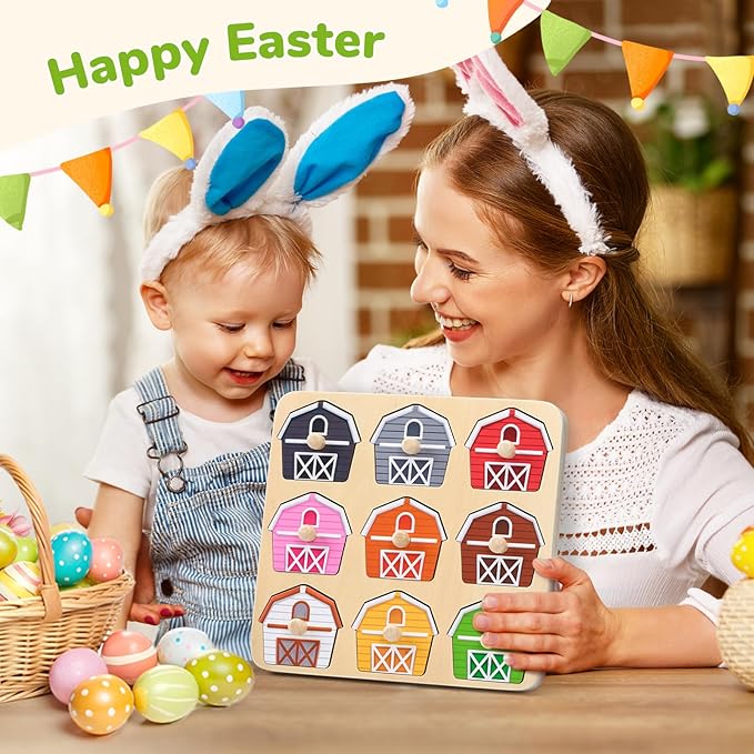 JoyCat Wooden Puzzles for Toddlers 1-3, Montessori Toys for 1 2 Year Old Boy Girl Birthday Easter Gifts, Animal Match Farm Peg Puzzles, Preschool Learning Toys for Toddlers Age 1-2