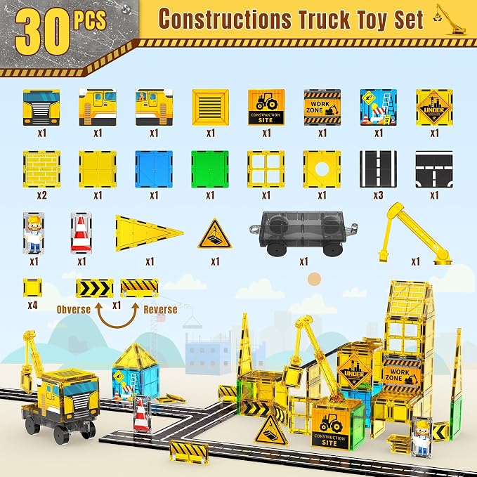 SKTMYY Magnetic Tiles for Kids, Construction Toys with Crane Road Truck - Image 4
