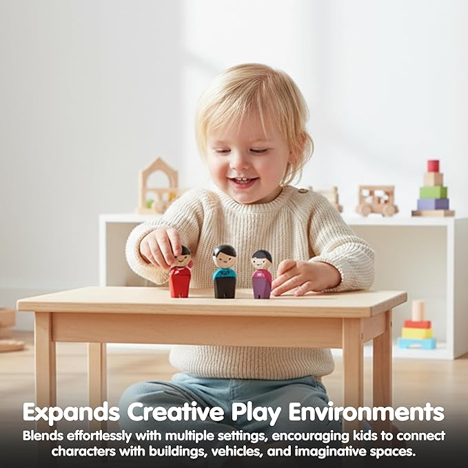 PlanToys® PlanWorld Family Set | 4 Wooden Poseable Figures for PlanCity & PlanWorld Playsets | Montessori Pretend Play Family with Flexible Arms & Legs | Eco-Friendly Sustainable Wooden Toy for Kids