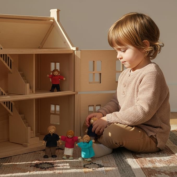 PlanToys® Wooden Dollhouse Family Set– Light Skin & Blonde Hair| 4 Poseable 1:12 Scale Doll House People | Montessori Pretend Play Figurines | Eco-Friendly Sustainable Wooden Toy for Kids