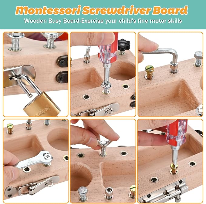 Montessori Screwdriver Board Set with Lock and Key, Montessori Toys for 3 4 5 Year Old, Wooden Screw Driver Activities Tools, Fine Motor Skills Preschool Learning Sensory Toy - Image 4