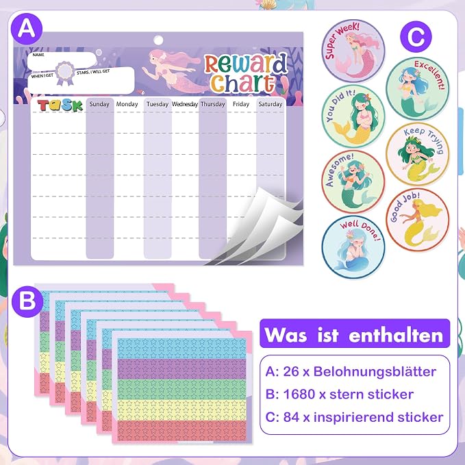 Magnetic Reward Chart for Kids at Home, Behavior Chart Pad with 26 Chore Charts, 1680 Star Stickers, 84 Motivational Stickers to Develop Responsibility & Good Habits (Mermaid) - Image 3