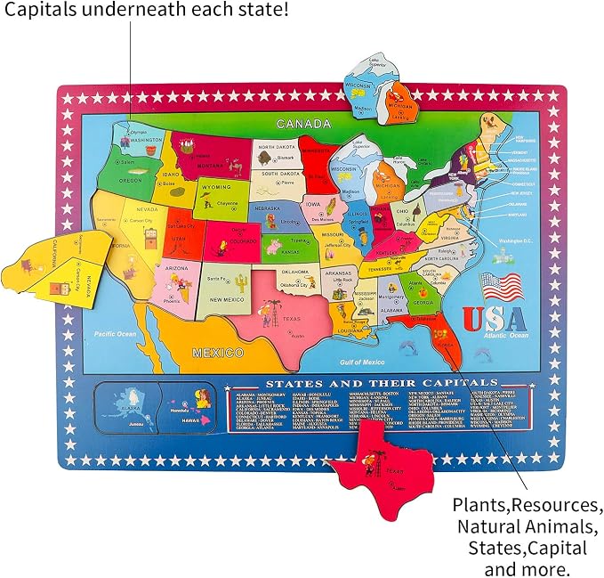 Wooden USA Map Puzzle, 46 Pieces US Map Puzzle for Kids, Educational Geography Puzzles United States Map Puzzle for Boys Girls Birthday Gift - Image 4