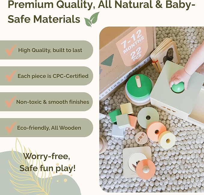 Jackie & Vancie Montessori Toys for 1 Year Old, Sensory Playkit 6 in 1 Wooden Learning Toys, Montessori Toy Gift Set, Christmas for 1 Year Old, Baby Shower or First Birthday Gift