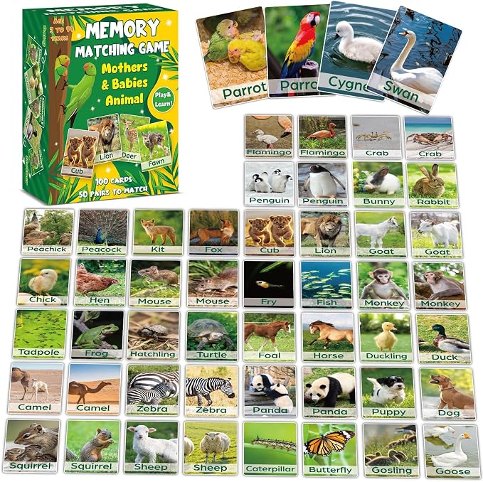 gisgfim 100 PCS Memory Matching Game Adult & Baby Animal Memory Games Educational Matching Game for Kids and Adults A Fun & Fast Animal Memories Games Toddlers Preschool Family Board Gift by gisgfim
