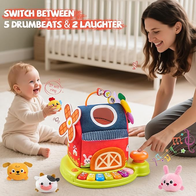 Musical Baby Toys 6-12 Months, Surprise Barn with 7 PCS Stuffed Farm Animals, 4 Mode Sound and LED Lights, Montessori Sensory Toys for 6 12 Months, Ideals 6 7 8 9 Month Old Baby Gifts Toy
