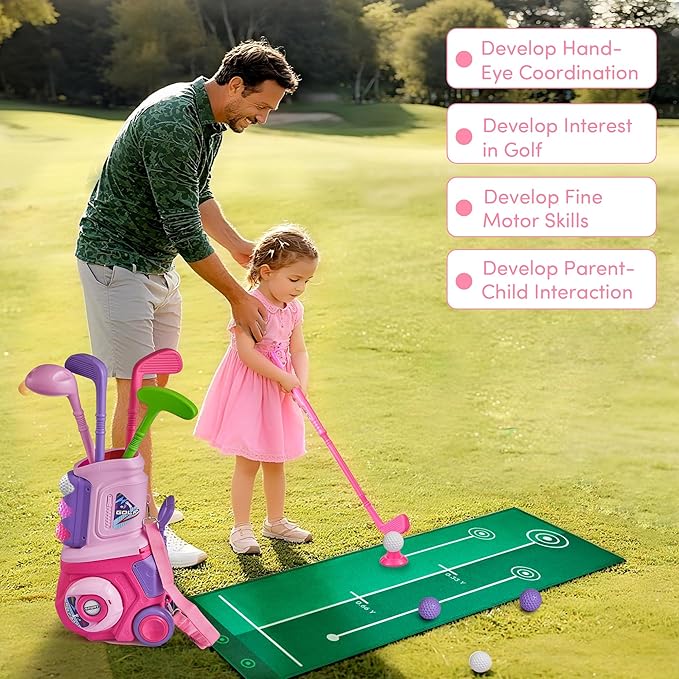 PJG Toddler Golf Set with Mat, Plastic Kids Golf Clubs 3-5 with 4 Golf Clubs and 10 Balls, Indoor and Outdoor Golf Toys with Cart for Toddlers Boys and Girls Aged 1 2 3 4 5 Years Old Birthday (Pink)