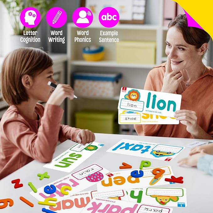 82PCS CVC & CVCC, CCVC Words Builders, 30 Double-Sided Cards & 52 Wooden Lowercase Letters, 2 Levels See & Spell Learning Tool STEM Educational Activities for 3 Years Old Boys and Girls - Image 5