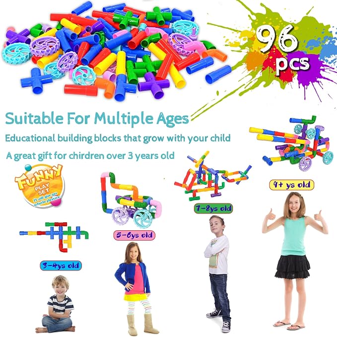 FUBAODA STEM Learning Pipe Tube Toys, Tube Locks Construction Building Blocks 96 Pcs - Multicolor Educational Building Blocks Set with Wheels& Spouts & Joints for Kids Ages 3+ - Image 4