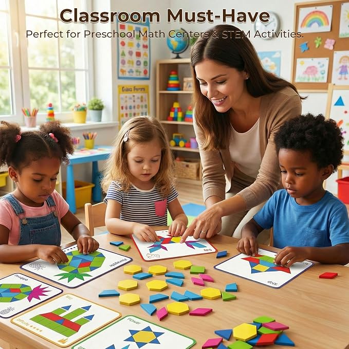 3 Otters 150Pcs Wooden Pattern Blocks Set, Geometric Tangram Shapes - Image 5