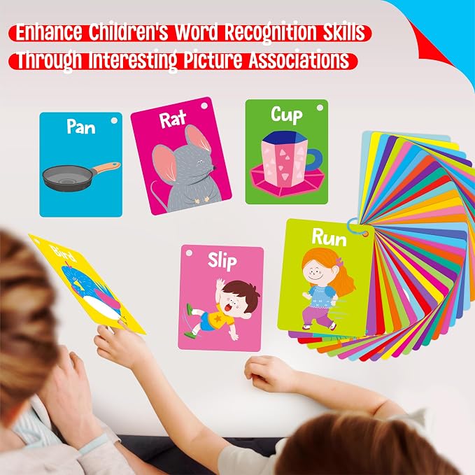 52 PCS Word Flashcards, 52 CVC Words & 52 CVCC, CCVC Words Double-Sided Cards with 2 Rings, Vocabulary Phonics Learning, Educational Tool for Preschool, Kindergarten, Toddlers - Image 7