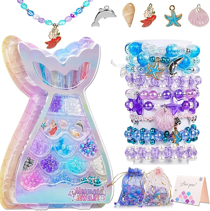 Danvren Mermaid Bracelet Making Kit for Girls, Mermaids Toys Jewelry Craft Christmas Birthday Gifts for Girl, 200+ DIY Beads,Charm Necklace Making Kits for Kids Ages 5-10