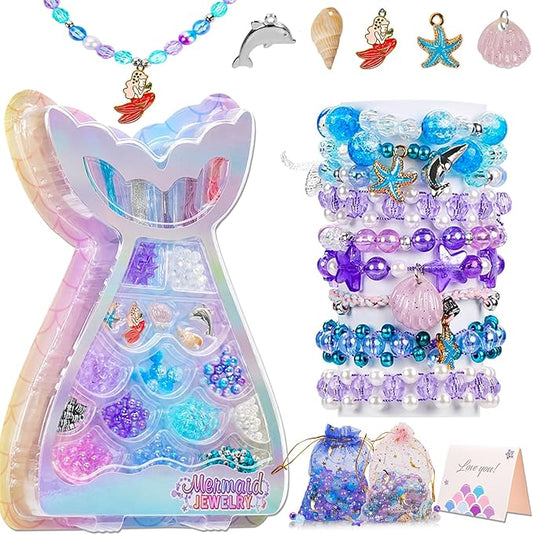 Danvren Mermaid Bracelet Making Kit for Girls, Mermaids Toys Jewelry Craft Christmas Birthday Gifts for Girl, 200+ DIY Beads,Charm Necklace Making Kits for Kids Ages 5-10