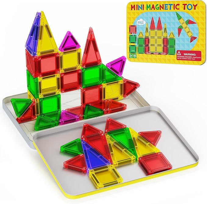 46PCS Mini Magnetic Tiles, Magnetic Tiles Travel Set with Case, STEM Educational Building Set Construction Toys for Kids Ages 3+, Portable Building Toys for Toddlers, Boys & Girls Birthday Gift by Anyeve