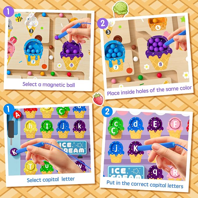 2 in 1 Magnetic Color and Number Maze Double-Sided ABC Alphabet Puzzles Board Magnet Dinosaur Counting Maze Preschool Learning Montessori Education 3 4 5 Years Toys (Ice Cream, One Size) - Image 5