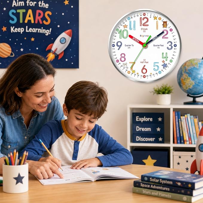 Roymnie Wall Clock Learning Non-Ticking Battery Operated Silent Colorful - Image 3