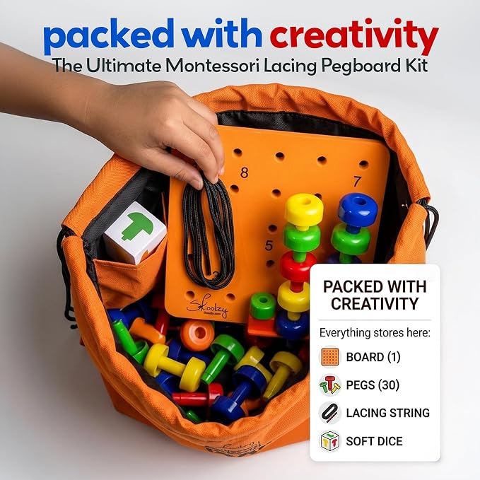 Skoolzy Peg Board Set - Montessori Toys for 2 Year Old - 33 Pc Peg Board for Kids - Occupational Therapy Toys with Pegs, Dice, Lacing String & Storage Bag - Montessori Toys for 2+ Year Old - Image 2