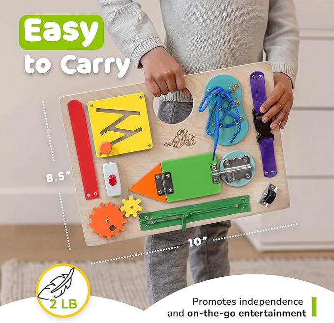 Sensory Busy Board for Toddlers, Premium Wooden Toddler Busy Board for 1 2 3 Year Old with 10 Educational Activities for Fine Motor Skills, Fidget Activity Toy for Travel Toy (Multicolored - Large)