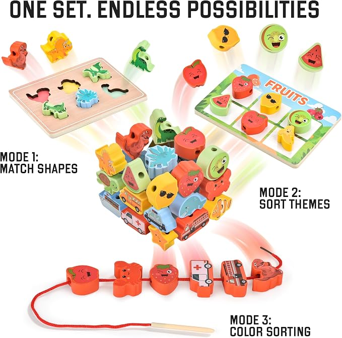 Montessori Wooden Toys for Toddlers 2 3 4: 3-in-1 Theme Sorting, Shape Matching & Color Learning Set - Dinosaur Ocean Vehicle Fruit Chunky Boards - Fine Motor Skills Speech Therapy Gifts - Image 2